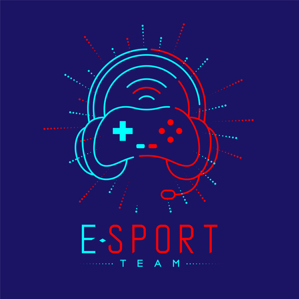 Esport streamer icon outline stroke, Joypad or Controller gaming gear with headphones, microphone and radius design isolated on blue background with Esport Team text and copy space, vector